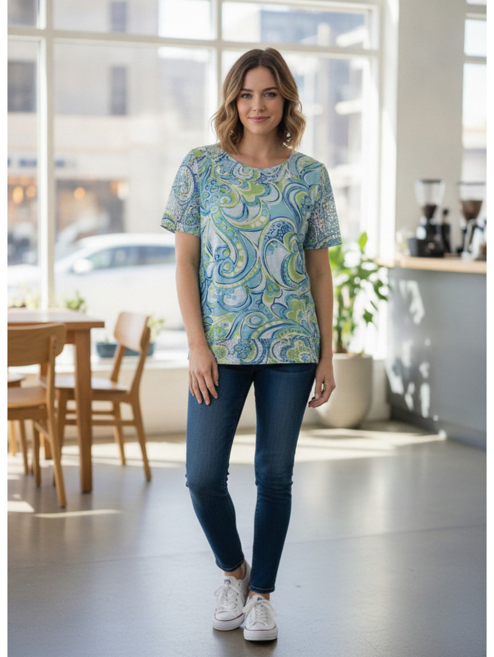 296 Alfred Dunner Petite PS Blue Green Paisley Short Sleeve Top